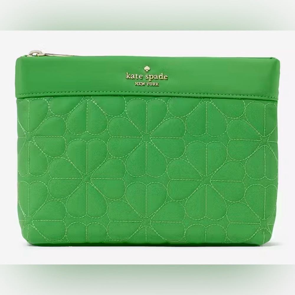 Kate Spade flower Kelly Green quilted cosmetic bag 8” zipper pouch $129 new